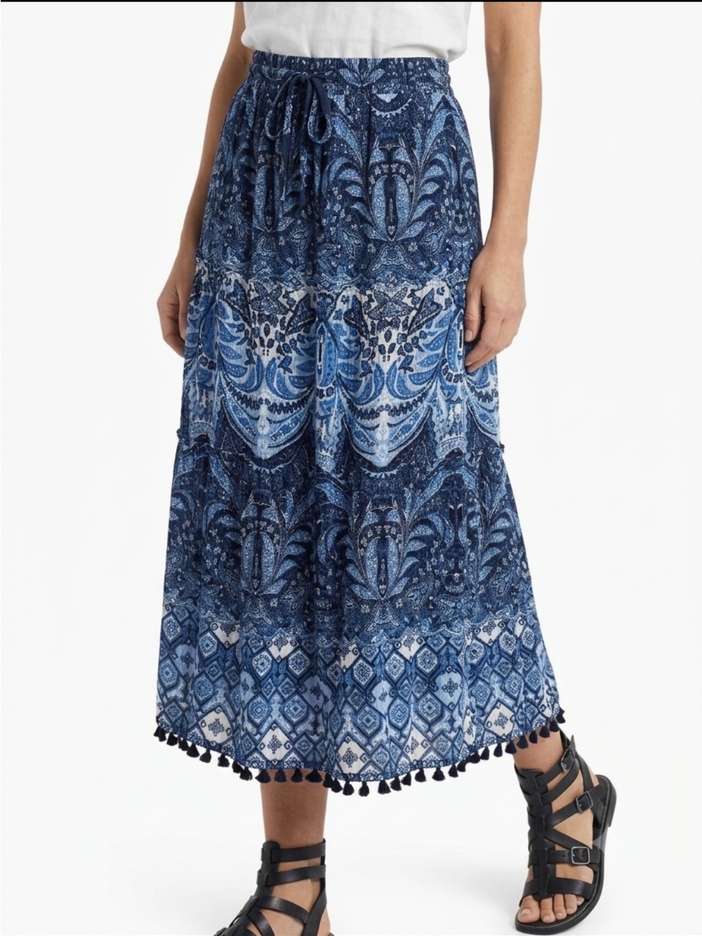 J. Jill Crinkled Aztec Paisley Floral Print Midi Skirt Size Small Pom Pom Hem